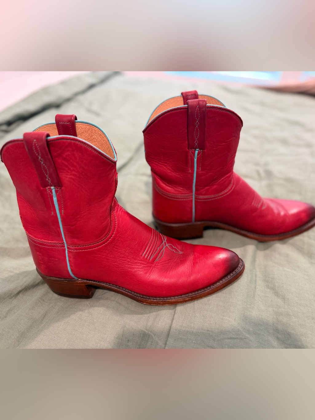 Lucchese Red Leather Ankle Boots With Turquoise Trim